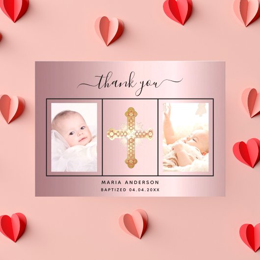 Carte De Remerciements Baptême rose pâle script photo fille