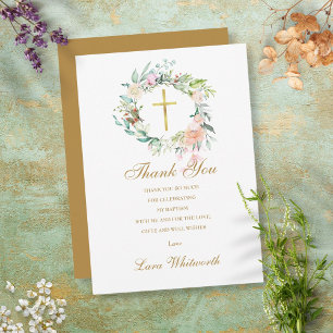 Carte De Remerciements Baptême Roses Fleuris Or Script