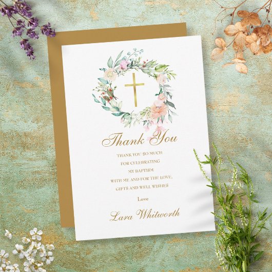 Carte De Remerciements Baptême Roses Fleuris Or Script