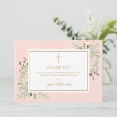 Carte De Remerciements Baptême Verdure Or Et Rose Brut Photo (Debout devant)