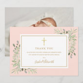 Carte De Remerciements Baptême Verdure Or Et Rose Brut Photo (Devant / Derrière)