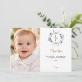 Carte De Remerciements Baptism blue florals photo boy (Debout devant)