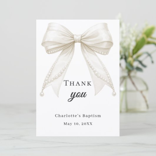 Carte De Remerciements Baptism bow white ivory pearls (Debout devant)