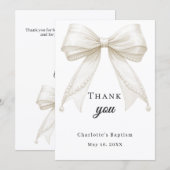 Carte De Remerciements Baptism bow white ivory pearls (Devant / Derrière)