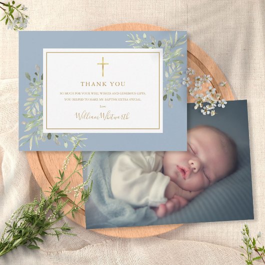 Carte De Remerciements Baptism Christening Foliage Dusty Blue Photo