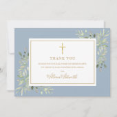 Carte De Remerciements Baptism Christening Foliage Dusty Blue Photo (Devant)