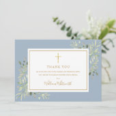 Carte De Remerciements Baptism Christening Foliage Dusty Blue Photo (Debout devant)
