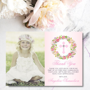 Carte De Remerciements Baptism Communion Confirmation Girl Floral PHOTO