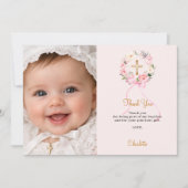 Carte De Remerciements Baptism pink florals wreath bow photo girl (Devant)