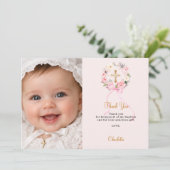 Carte De Remerciements Baptism pink florals wreath bow photo girl (Debout devant)
