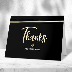 Carte De Remerciements Bar Mitzvah Black Gold Foil Script Tallit Moderne
