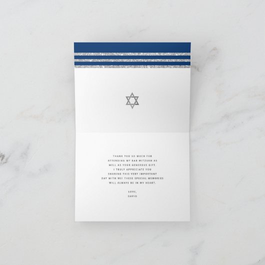 Carte De Remerciements Bar Mitzvah Modern Navy Blue Silver Tallit Script (Intérieur)