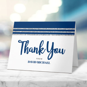 Carte De Remerciements Bar Mitzvah Navy Bleu Tallit Argent Script Moderne