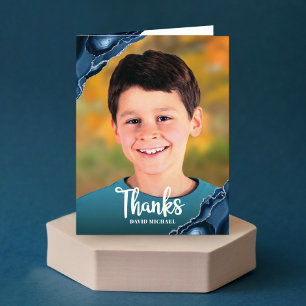 Carte De Remerciements Bar Mitzvah Photo Marine Blue Agate Modern Script