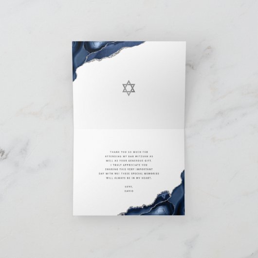 Carte De Remerciements Barre Mitzvah Marine Bleu Agate Script Simple Mini (Intérieur)