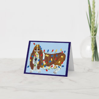 Carte De Remerciements Basset Hound emmêlé dans les lumières de Noël