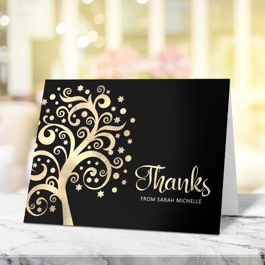Carte De Remerciements Bat mitzvah Black Gold Foil Arbre de vie Script