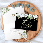 Carte De Remerciements Bat mitzvah Black Gold Script Aquarelle Floral<br><div class="desc">Assurez-vous que votre Bat mitzvah préféré exprime sa reconnaissance à tous ceux qui ont soutenu son événement marquant! Envoyez cette carte de remerciements sophistiquée et personnalisée ! Une aquarelle florale chic, étonnante, blanche et dorée parties scintillant avec typographie de script de feuille d'or et type de san serif blanc chevauche...</div>