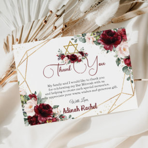 Carte De Remerciements Bat mitzvah Burgundy Blush Floral Gold Star