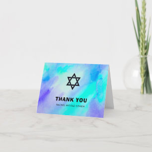 Carte De Remerciements Bat mitzvah d'aquarelle de bleu et de turquoise