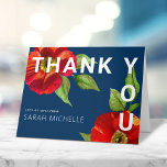 Carte De Remerciements Bat mitzvah Marine bleu moderne rouge floral aquar<br><div class="desc">Assurez-vous que votre Bat mitzvah préféré exprime sa reconnaissance à tous ceux qui ont soutenu son événement marquant! Envoyez cette invitation sophistiquée et personnalisée ! Une aquarelle chic, étonnante, florale avec un style san serif moderne recouvre un arrière - plan bleu marine. Personnalisez le texte personnalisé avec le nom de...</div>