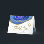 Carte De Remerciements Bat mitzvah ou barre Mitzvah de Geode | de bleu et<br><div class="desc">Ce bat mitzvah ou carte de remerciements élégant et moderne de Mitzvah de barre comporte les pierres bleues à la mode de geode d'aquarelle avec le manuscrit,  l'étoile de David,  et les accents manuscrits d'or de faux.</div>