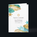 Carte De Remerciements Bat mitzvah turquoise et Gold Tropical<br><div class="desc">Express votre gratitude avec cette carte de remerciement élégante, parfaite pour une célébration Bat mitzvah ou juive. Dotée d'un design tropical avec des feuilles turquoises et dorés en palme et une étoile de David, cette carte allie harmonieusement style moderne et symbolisme traditionnel. Entièrement personnalisable, c'est une façon sérieuse de remercier...</div>