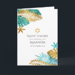 Carte De Remerciements Bat mitzvah turquoise et Gold Tropical<br><div class="desc">Express votre gratitude avec cette carte de remerciement élégante, parfaite pour une célébration Bat mitzvah ou juive. Dotée d'un design tropical avec des feuilles turquoises et dorés en palme et une étoile de David, cette carte allie harmonieusement style moderne et symbolisme traditionnel. Entièrement personnalisable, c'est une façon sérieuse de remercier...</div>