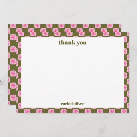 Carte De Remerciements Bat mitzvah vert rose rétro en carton fleuri (Devant / Derrière)