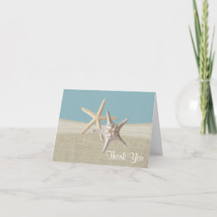 Carte De Remerciements Beach Burlap and Starfish Sky Blue Thank You