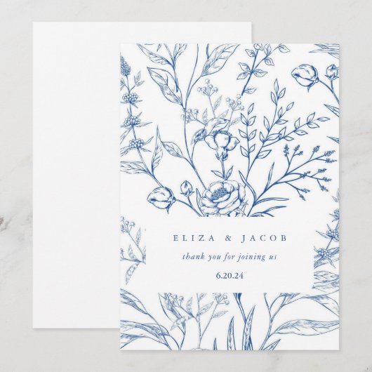 Carte De Remerciements Beau Mariage Floral Bleu et Blanc (Devant / Derrière)