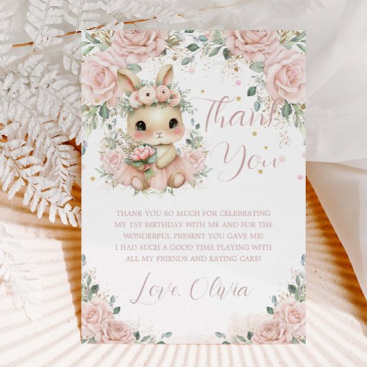Carte De Remerciements Bébé adorable Lapin Lapin Blush 1er 2e Anniversair
