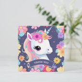 Carte De Remerciements Bébé blanc adorable licorne avec fleurs (Debout devant)