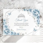 Carte De Remerciements Bébé Bleu Argent Floral Quinceanera<br><div class="desc">Bébé bleu,  argent et blanc carte de remerciements Quinceanera floral. Caractéristiques,  police de script,  papillons argentés,  roses d'aquarelle et tiara. Parfait pour une élégante célébration de glamour de style princesse. Personnalisez avec vos propres détails.</div>