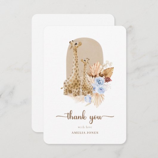 Carte De Remerciements Bébé Bleu Pampas Grass Baby shower de girafe (Devant / Derrière)
