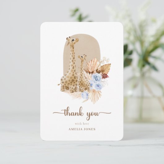Carte De Remerciements Bébé Bleu Pampas Grass Baby shower de girafe (Debout devant)