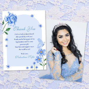 Carte De Remerciements Bébé bleu Quinceañera Roses et papillons Photo