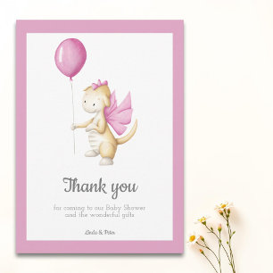 Carte De Remerciements Bébé dragon rose avec Baby Shower fille au ballon