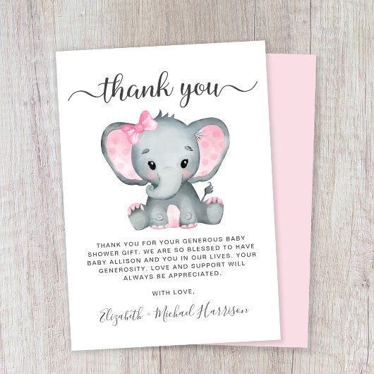 Carte De Remerciements Bébé Eléphant mignon Douche fille