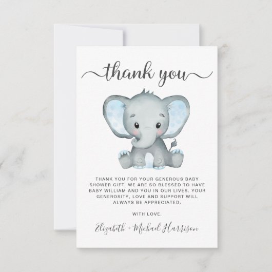 Carte De Remerciements Bébé Eléphant mignon Douche garçon (Devant)