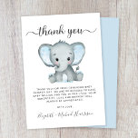 Carte De Remerciements Bébé Eléphant mignon Douche garçon<br><div class="desc">Jolie carte de remerciements bébé garçon avec "merci" dans un script gris élégant avec des swashes et une aquarelle bleu pastel d'éléphant bébé garçon. Personnalisez votre message de remerciement et ajoutez votre ou vos nom(s) dans un script de signature,  ou laissez vide pour une note manuscrite.</div>