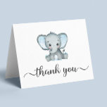 Carte De Remerciements Bébé Eléphant mignon Douche garçon<br><div class="desc">Carte de remerciements pliée mignonne pour votre bébé garçon douche avec "merci" dans un script gris doux et élégant avec des swashes et une aquarelle bleue de bébé éléphant. À l'intérieur,  personnalisez votre message de remerciement en simple topographie grise ou laissez vide pour une note manuscrite.</div>
