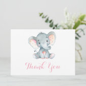 Carte De Remerciements Bébé Éléphant Mignon Fille Rose et Gris (Debout devant)