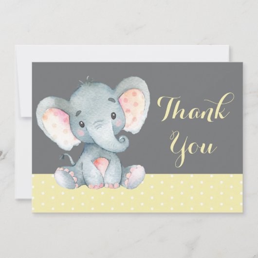 Carte De Remerciements Bébé éléphant mignon jaune et gris (Devant)