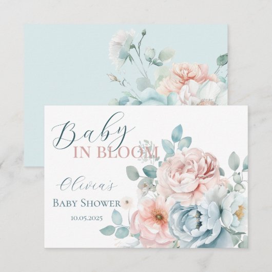 Carte De Remerciements Bébé en fleur Dusty Baby shower bleu (Devant / Derrière)
