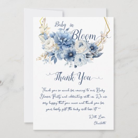 Carte De Remerciements Bébé en fleur Elégant Baby shower Fleurs Bleues (Devant)