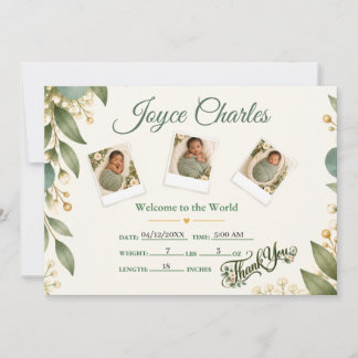 Carte De Remerciements Bébé en fleurs, vert sauge botanique