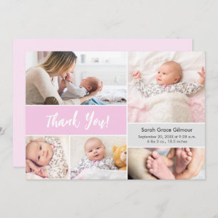 Carte De Remerciements Bébé fille rose Grey Collage photo personnalisé
