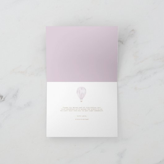 Carte De Remerciements Bébé Fille rose Horizontal à air chaud ballon (Intérieur)