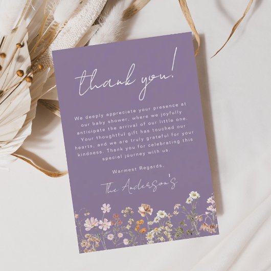 Carte De Remerciements Bébé Fleur sauvage pourpre dans le Baby shower en 